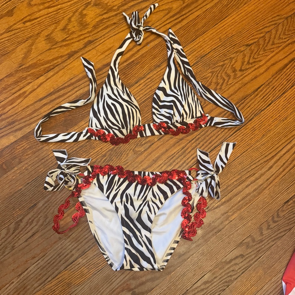 Zebra Print Bikini with Red sequin Accents gogo dancer outfit S/XS
